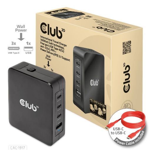 Obrázek Club3D cestovní nabíječka 140W GaN technologie, 3xUSB-C, 1xUSB-A, PPS + PD 3.1 Support