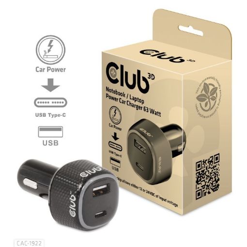 Obrázek Club3D Auto nabíječka pro Notebooky 63W, 2 porty (USB-A + USB-C)