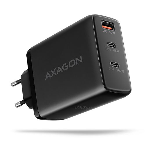 Obrázek AXAGON ACU-DPQ100, GaN nabíječka do sítě 100W, 3x port (USB-A + dual USB-C), PD3.0/PPS/QC4+/Apple, černá