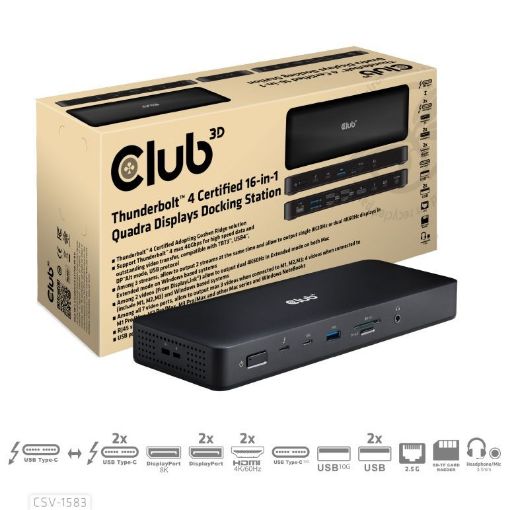 Obrázek Club3D Dokovací stanice 16v1 ThunderBolt 4, (2xThunderbolt, 3xDP, 2xHDMI, 3xUSB, RJ45, SD-TF Karta, 1xUSB-C, 150W PD)