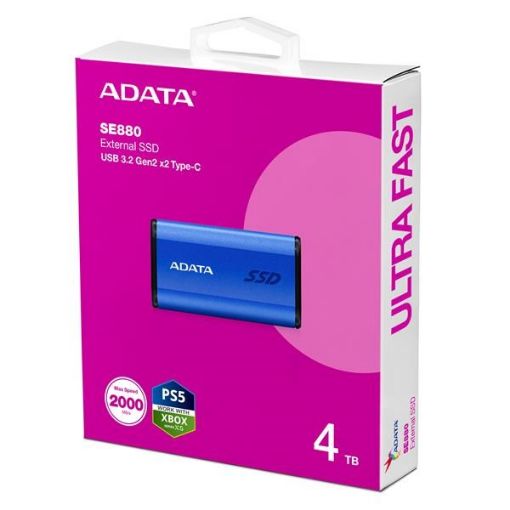 Obrázek ADATA Externí SSD 4TB SE880, USB-C 3.2 Gen 2x2, R:2000/W:2000MB/s, modrá