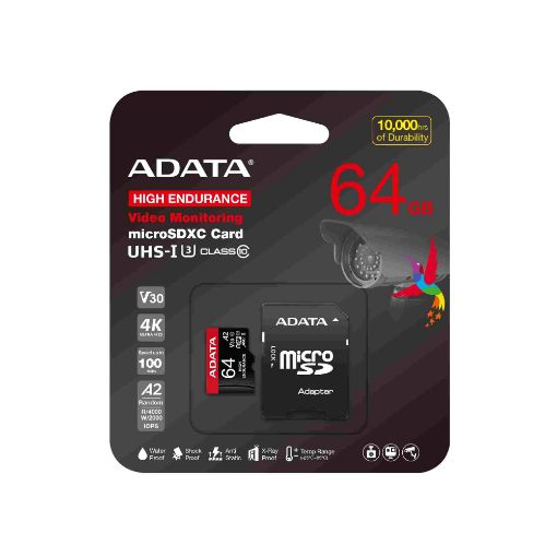 Obrázek ADATA MicroSDXC karta 64GB High Endurance UHS-I C10 V30 A2 (R:100/W:80 MB/s) + SD adaptér