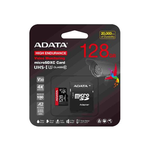 Obrázek ADATA MicroSDXC karta 128GB High Endurance UHS-I C10 V30 A2 (R:100/W:85 MB/s) + SD adaptér