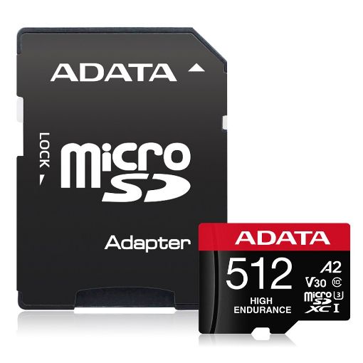 Obrázek ADATA MicroSDXC karta 512GB High Endurance UHS-I C10 V30 A2 (R:100/W:85 MB/s) + SD adaptér