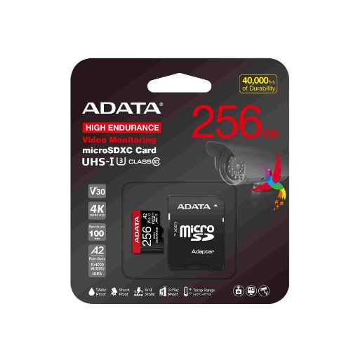 Obrázek ADATA MicroSDXC karta 256GB High Endurance UHS-I C10 V30 A2 (R:100/W:85 MB/s) + SD adaptér