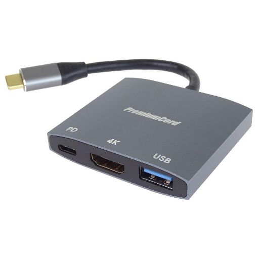 Obrázek PremiumCord adaptér USB-C na HDMI, USB3.0,  PD, rozlišení 4K a FULL HD 1080p