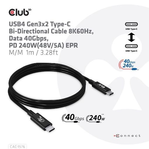 Obrázek Club3D kabel USB4 Gen3x2 Typ-C, Oboustranný USB-IF Certifikovaný data kabel, Data 40Gbps, PD 240W(48V/5A) EPR M/M 1m