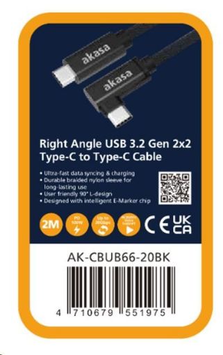 Obrázek AKASA kabel USB 3.2 Gen2x2 Type-C na C Cable, pravoúhlý, 100W, 20G, 4K@60Hz