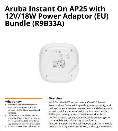 Obrázek Aruba Instant On AP25 with 12V/18W Power Adaptor (EU) Bundle