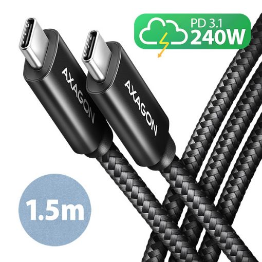 Obrázek AXAGON BUCM2-CM15AB, CHARGE kabel USB-C <-> USB-C, 1.5m, Hi-Speed USB, PD 240W 5A, ALU, oplet, černý