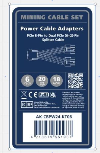 Obrázek AKASA kabel PCIe 8-Pin na Dual PCIe (6+2)-Pin Splitter cable, 6 Sets