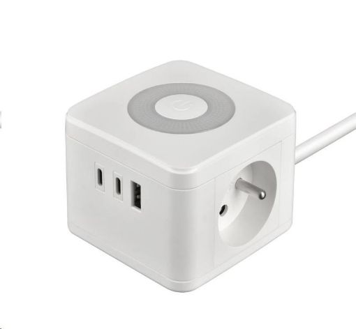 Obrázek Viking síťový adaptér YC23L, 2x 230 V, 1x USB-A, 2x USB-C, dotykové světlo, délka 1,4 m, bílá