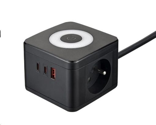 Obrázek Viking síťový adaptér YC23L, 2x 230 V, 1x USB-A, 2x USB-C, dotykové světlo, délka 1,4 m, černá