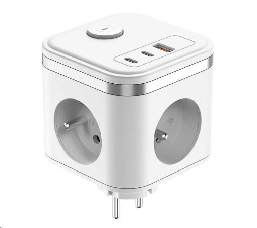 Obrázek Viking síťový adaptér Y33, 3x 230 V, 1x USB-A, 2x USB-C, tlačítko ON/OFF, bílá