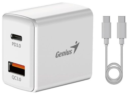 Obrázek GENIUS nabíjecí set PD-20ACP, 20W, rychlé nabíjení, USB-C PD3.0, USB-A QC3.0, 1m kabel USB-C USB-C, bílá