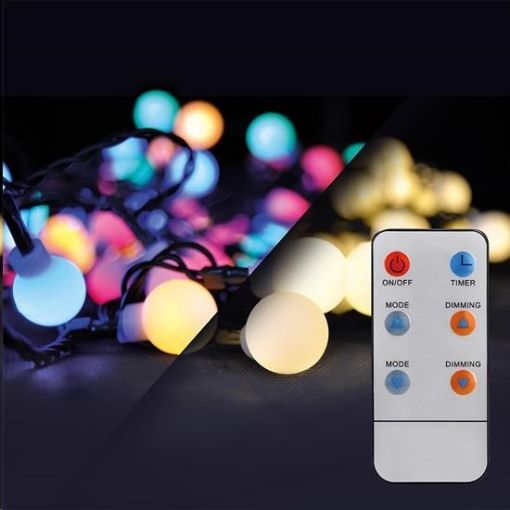 Obrázek Solight LED 2v1 venkovní vánoční řetěz, koule, dálkový ovladač, 100LED, RGB+bílá, 10m+5m, 8 funkcí, IP44