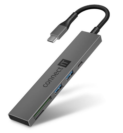 Obrázek CONNECT IT USB-C hub, 2x USB-A, 1x USB-C, 1x SD karta, 1x MicroSD karta, šedá