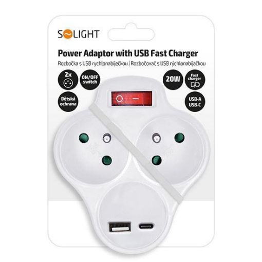Obrázek Solight rozbočka s USB A+C rychlonabíječkou 20W PD, 2 x 10A, bílá, vypínač