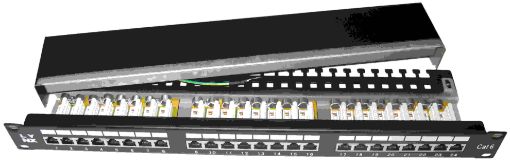 Obrázek 19" Patch panel LYNX 24port, STP, Cat6, 30µm, duální svorkovnice, černý