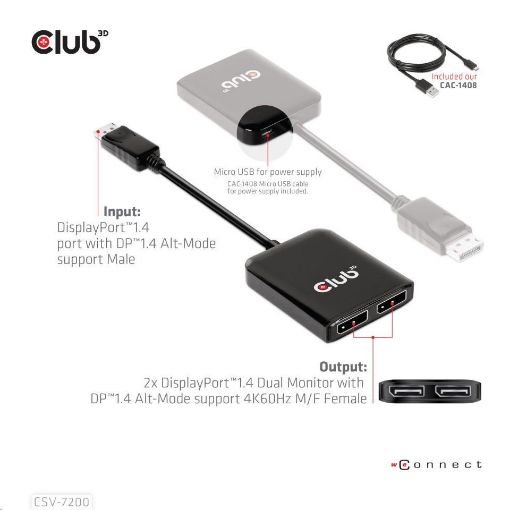 Obrázek Club3D Video adaptér MST (Multi Stream Transport) DisplayPort 1.4 na DisplayPort 1.4 Dual Monitor 4K60Hz (M/F), černá