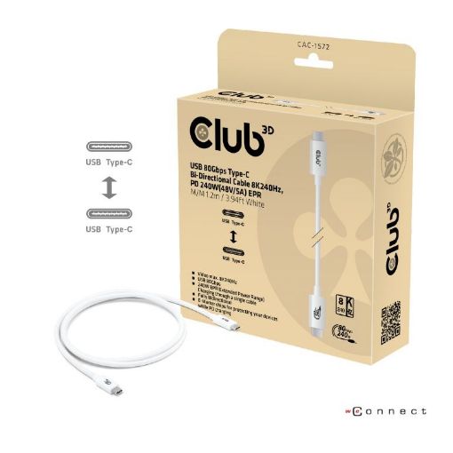 Obrázek Club3D Kabel USB4 Typ-C, 80Gbps, Certifikovaný kabel, 4K540Hz, 8K240Hz, 16K60Hz, PD 240W, 1.2m, bílá