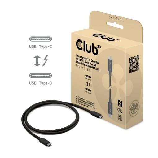 Obrázek Club3D Kabel Thunderbolt 5, 80/120Gbps, Certifikovaný kabel, 1x 4K540Hz, 2x8K240Hz, PD 240W, 1m