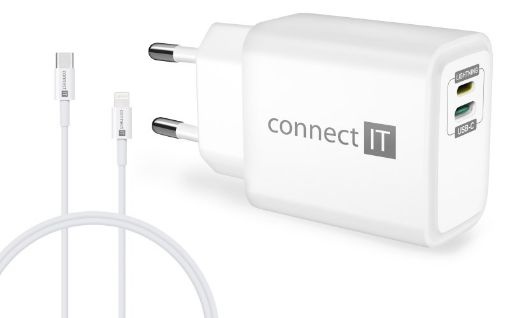 Obrázek CONNECT IT Duplex nabíjecí adaptér 1xLightning, 1×USB-C, 20W, 1xLightning - USB-C kabel, bílá