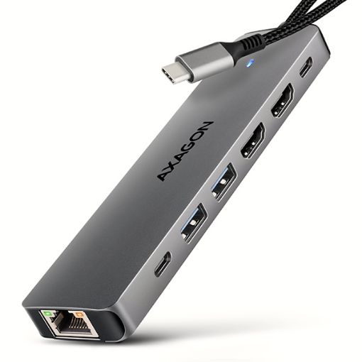 Obrázek AXAGON HMC-7HX2, USB 5Gbps hub, 2x USB-A, USB-C, 2x HDMI 4k/60Hz, RJ-45 GLAN, PD 100W, kabel USB-C 15cm