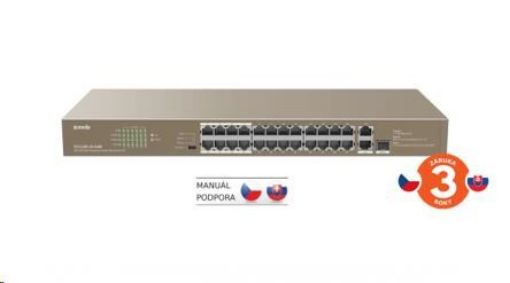 Obrázek Tenda TEF1126P-24-410W - PoE AT Switch 370Watt, 24xRJ45 10/100 Mbps PoE, 2x Gigabit Uplink RJ45/SFP, Fanless, Kov