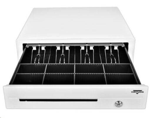 Obrázek Virtuos pokladní zásuvka C420D - s kabelem, kovové držáky, 9-24V, bílá