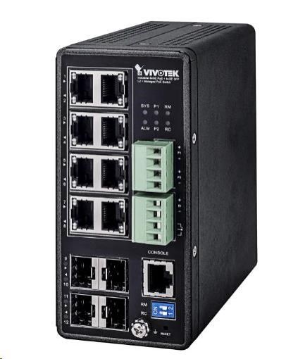 Obrázek Vivotek AW-IHT-1271, Industriální switch 8xGbe POE (budget 240W, 802.3af/at) + 4x SFP, management L2+,