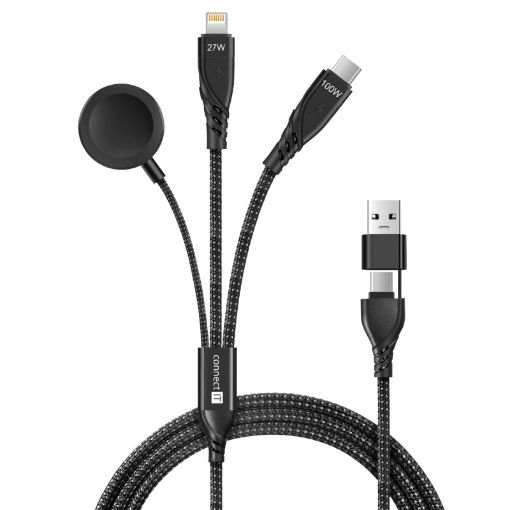 Obrázek CONNECT IT Nabíjecí kabel Wirez 6v1, USB-C/USB, Lightning, Bezdrátová nabíječka na hodinky, 1.25m, černá