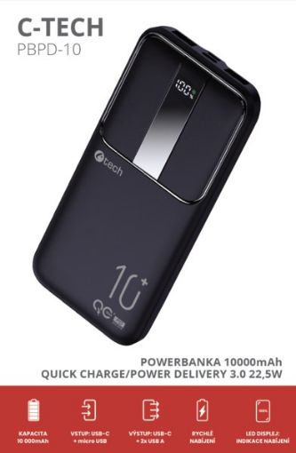 Obrázek C-TECH Powerbanka 10000mAh, Li-Pol, 22,5W, USB-C/USB-A/micro USB
