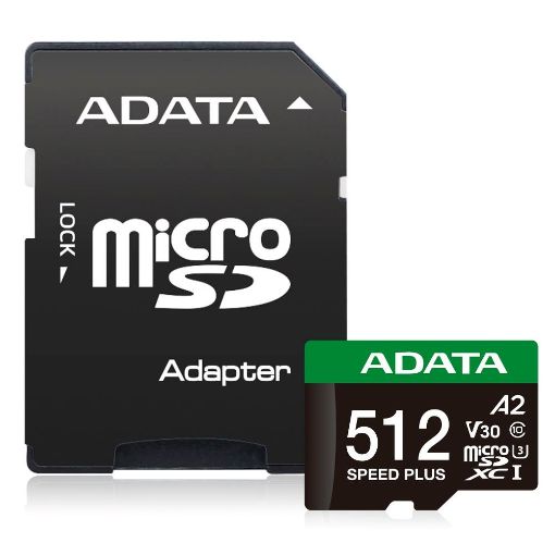 Obrázek ADATA MicroSDXC karta 512GB Speed Plus, U3, C10, A2, V30 (R:180/W:160 MB/s) + SD adaptér