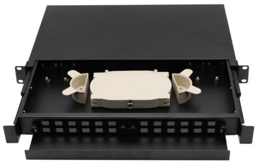 Obrázek Rozvaděč, 19", optický, 1U, 24× SC simlex nebo 24× LC duplex, výsuvný, černý