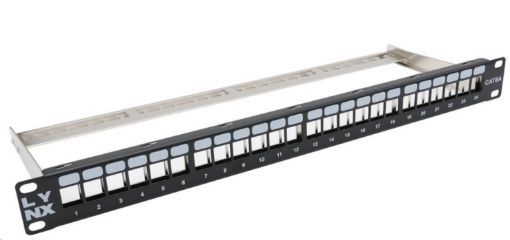 Obrázek LYNX Patch panel, 19'', 24 portů, 1U, Cat5e/6/6A/7, neosazený, stíněný, vyvazovák, černý