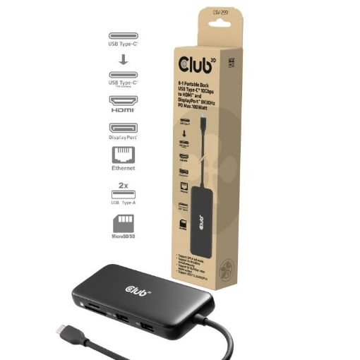 Obrázek Club3D Dokovací stanice 8v1, USB-C 3.2, 1xHDMI, 1xDP, 2xUSB, 1xmicroSD/SD, 1xUSB-C PD100W, 1xRJ45, černá
