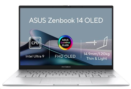 Obrázek ASUS NTB Zenbook 14 (UX3405CA-OLED233X), Ultra 9-285H, 14" 1920 x 1200, 32GB, 1TB SSD, Intel Arc, W11Pro, Silver