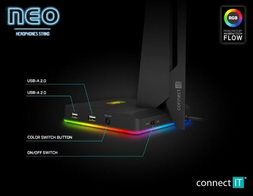 Obrázek CONNECT IT NEO Stand-It RGB stojánek na sluchátka + USB hub, černá