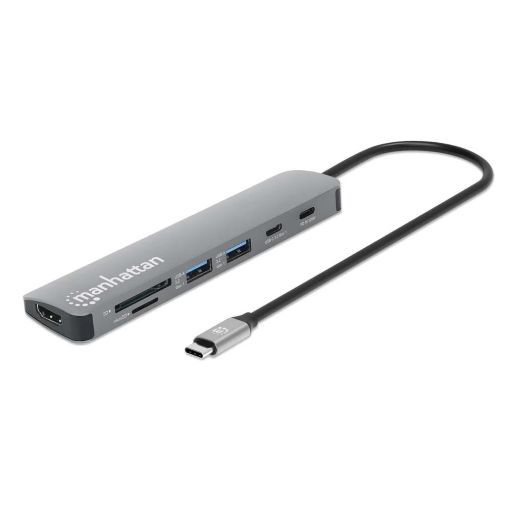 Obrázek MANHATTAN Dokovací stanice USB-C 7v1, HDMI, USB-C 3.0, USB-C PD 100W, 2xUSB-A 3.0, SD/microSD