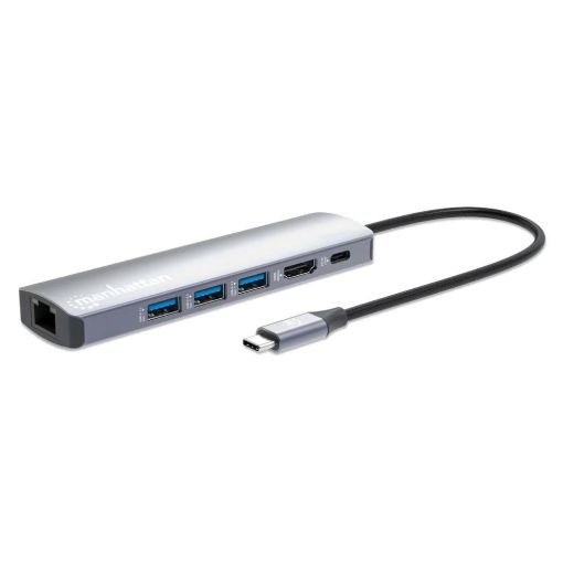 Obrázek MANHATTAN Dokovací stanice USB-C 6v1, HDMI, USB-C PD 100W, 3xUSB-A 3.0, RJ45