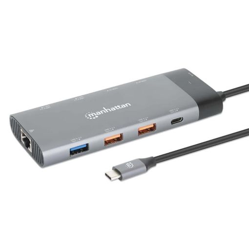 Obrázek MANHATTAN Dokovací stanice USB-C 10v1, 2xHDMI, USB-C 3.1, USB-C PD 100W, 2xUSB-A 3.1, 3xUSB-A 3.0, RJ45