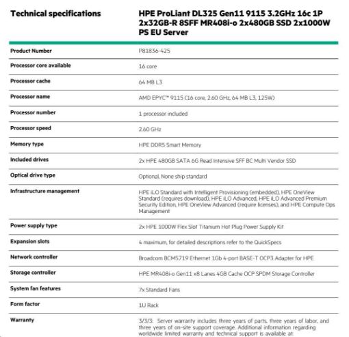 Obrázek HPE PL DL325g11 AMD Epyc 9115 (2.6/16C) 2x32G (P64985) 2x480G 2x1000W MR408i-o/4G 8SFF 4p1Gocp Smart Choice