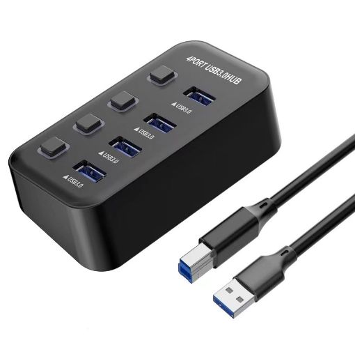 Obrázek PREMIUMCORD Hub USB 3.2, 4-portový s vypínači portů, 5G SuperSpeed, Černá