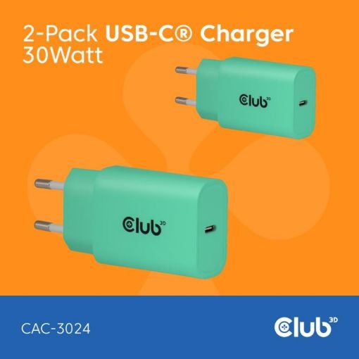 Obrázek Club3D Nabíječka, USB-C, Power Delivery 15V/2A, 2-pack, zelená