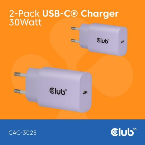 Obrázek Club3D Nabíječka, USB-C, Power Delivery 15V/2A, 2-pack, fialová