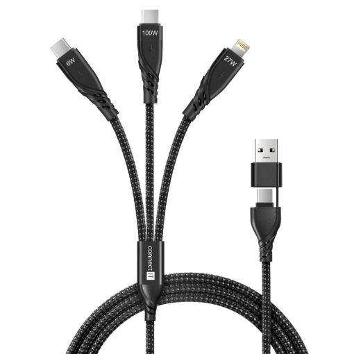 Obrázek CONNECT IT Nabíjecí kabel Wirez 6v1, USB-C/USB, Lightning + 2x USB-C, 1.25m, černá