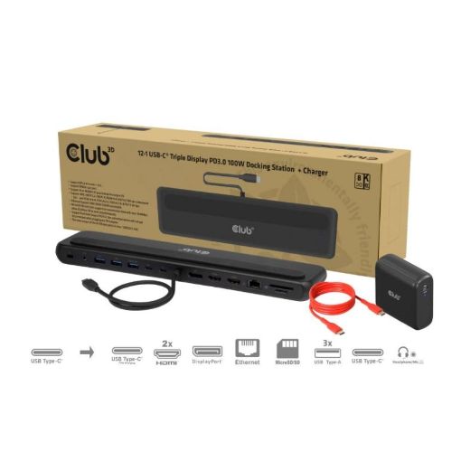 Obrázek Club3D Dokovací stanice 12v1, USB-C 3.2, 2xHDMI, 1xDP, 2xUSB-C, 3xUSB, 1xmicroSD/SD, 1xRJ45, 1x3.5mm Jack, černá