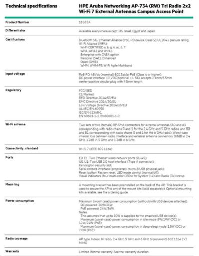 Obrázek HPE Aruba Networking AP-734 (RW) Tri Radio 2x2 Wi-Fi 7 External Antennas Campus Access Point