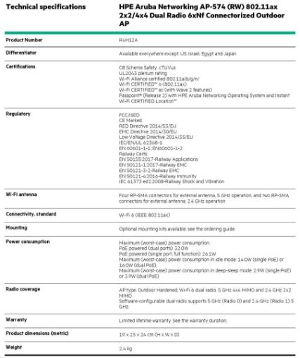 Obrázek Aruba AP-574 (RW) 802.11ax 2x2:2/4x4:4 Dual Radio 6xNf Connectorized Outdoor AP R4H12A RENEW
